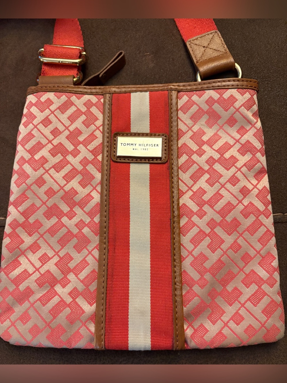 Tommy Hilfiger Red & Beige Crossbody with Red & Beige Stripe & faux leather trim
